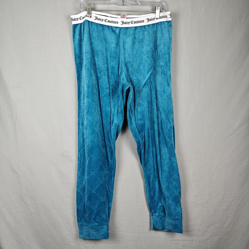 Juicy Couture Pants Womens XL Blue Velour Monogram Jogger Elastic Waist Cuffed